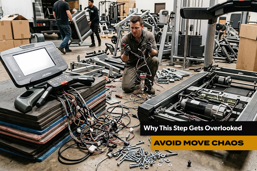 gym equipment disassembly cables hardware treadmill parts inventory labeling commercial gym relocation
