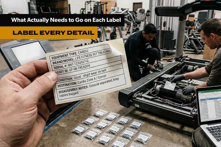gym equipment inventory labeling technician tagging treadmill parts serial numbers commercial gym move tracking