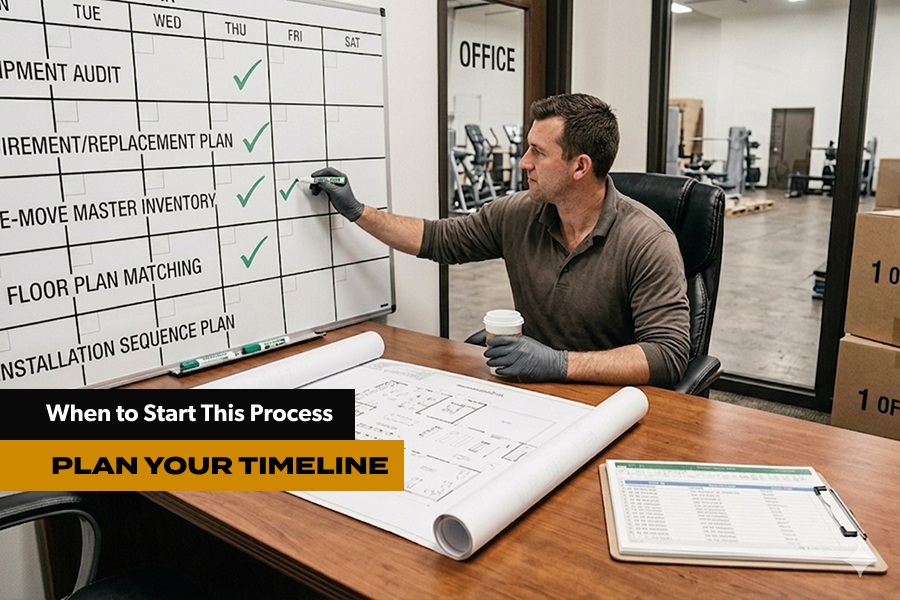commercial gym relocation process board inventory tracking move day checklist equipment installation sequence