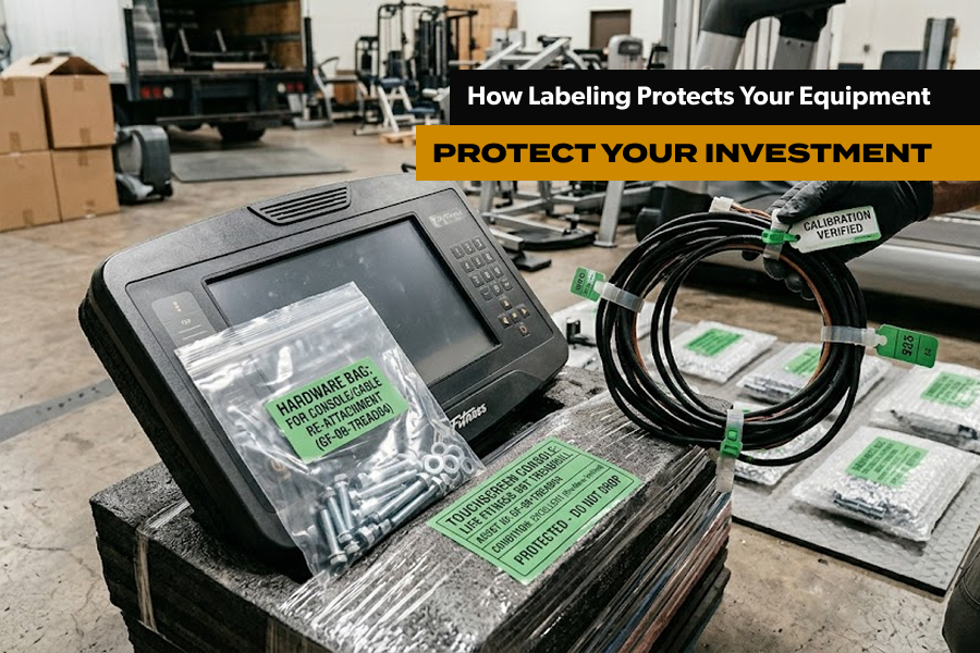 labeled cables hardware bags gym equipment relocation organization inventory tracking system