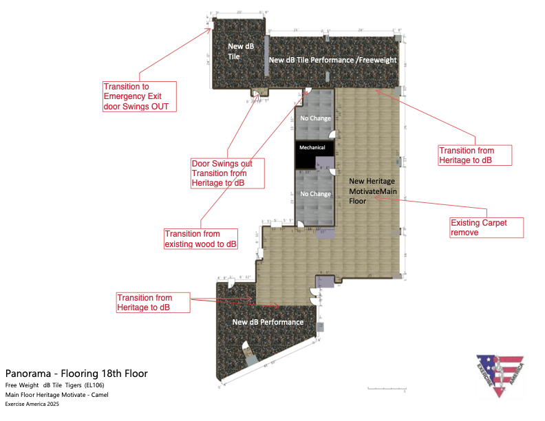 Floor plan showing Ecore Performance dBTile in free-weight areas and Ecore Heritage Motivate PVT in main zones with labeled transitions.