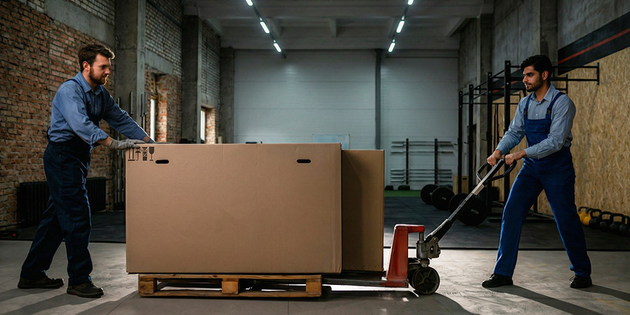 Fitness equipment being staged and moved during a structured gym relocation with coordinated crews and defined timelines