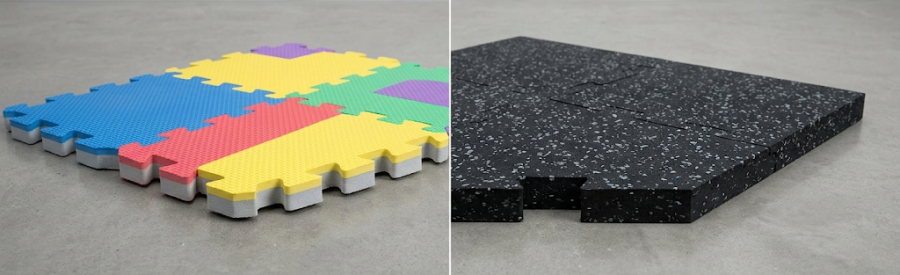 Foam gym tiles compared with black rubber gym flooring for home gym sound control