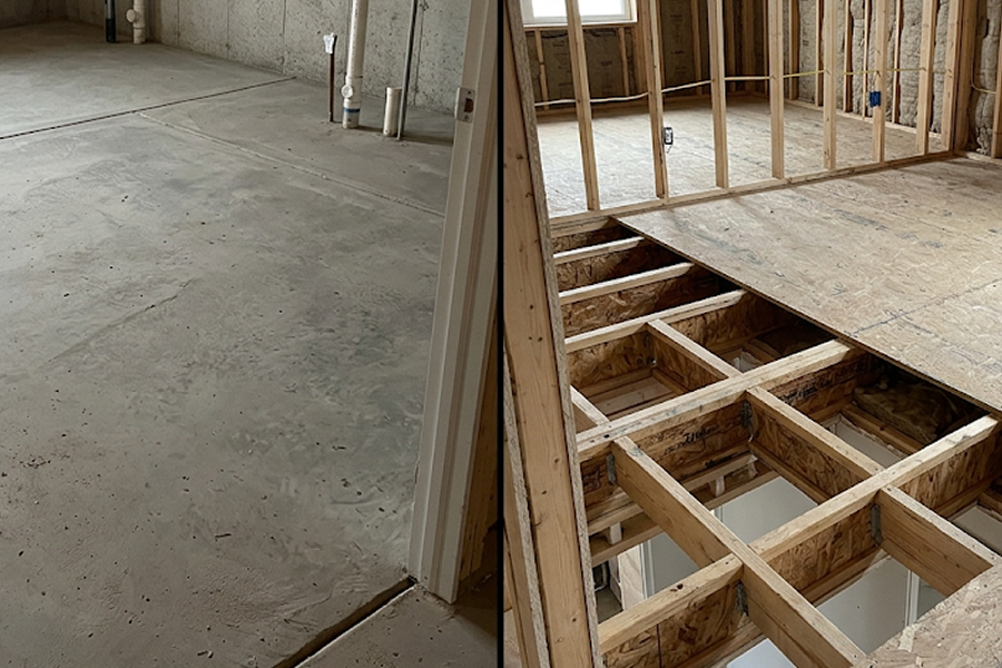 Layered gym flooring system with acoustic underlayment over concrete subfloor