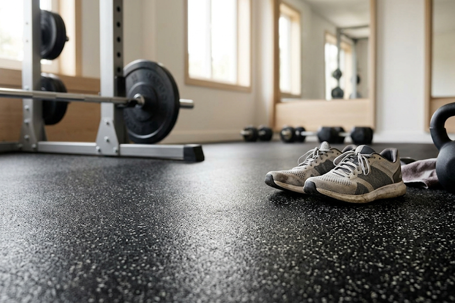 Home gym with rubber flooring, strength equipment, kettlebells, and workout shoes