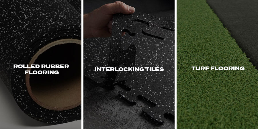 Comparison of gym flooring options including rolled rubber flooring, interlocking rubber tiles, and turf flooring, shown side by side